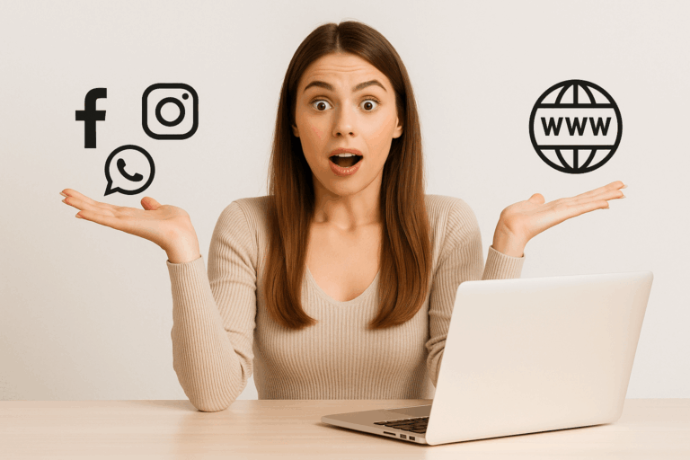 Mulher sentada, com expressão de surpresa, segurando símbolos de redes sociais em uma mão e símbolo de site (www) na outra, representando a dúvida entre site ou redes sociais para empresas.