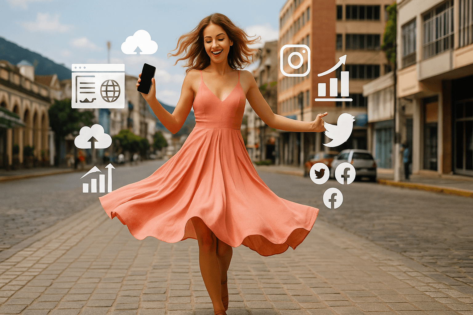 Mulher dançando com vestido rodado, segurando um smartphone, no centro urbano, rodeada por ícones de site, redes sociais e tecnologia, representando maturidade digital perfeita em qualquer cidade.
