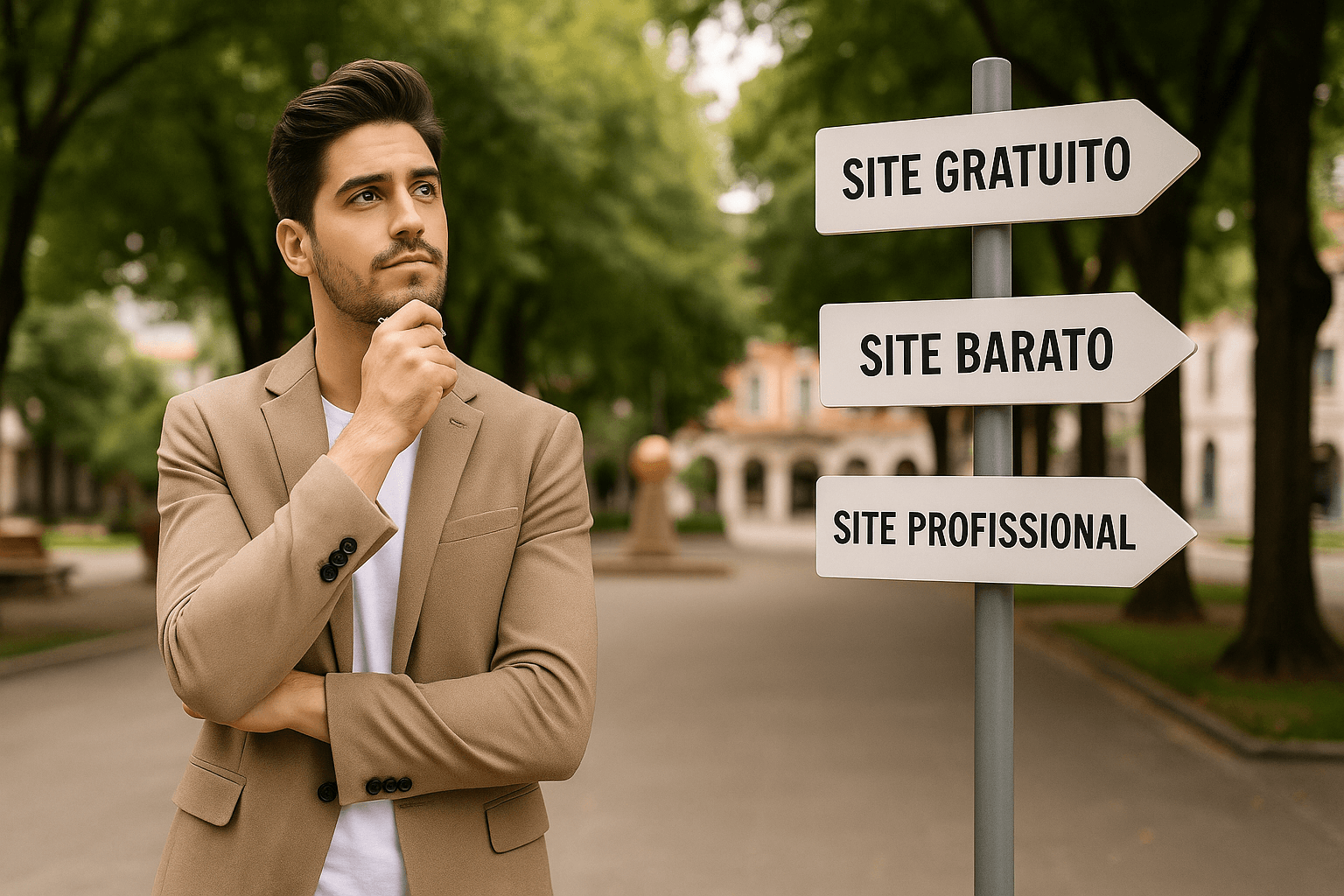Empresário jovem, em pé, avaliando três opções representadas por placas em uma praça urbana: site gratuito, site profissional ou site barato.