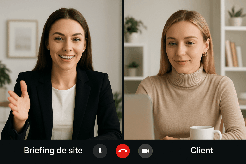 Reunião virtual entre designer e cliente, duas mulheres conversando por videochamada sobre briefing de site, cada uma no seu quadrado de vídeo, em ambientes profissionais e modernos.