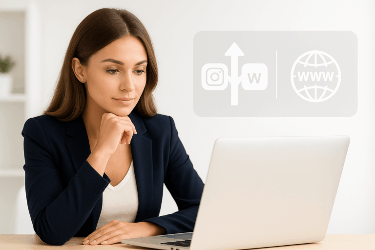 Mulher avaliando se precisa de um site para sua empresa, com ícones de redes sociais e site na tela